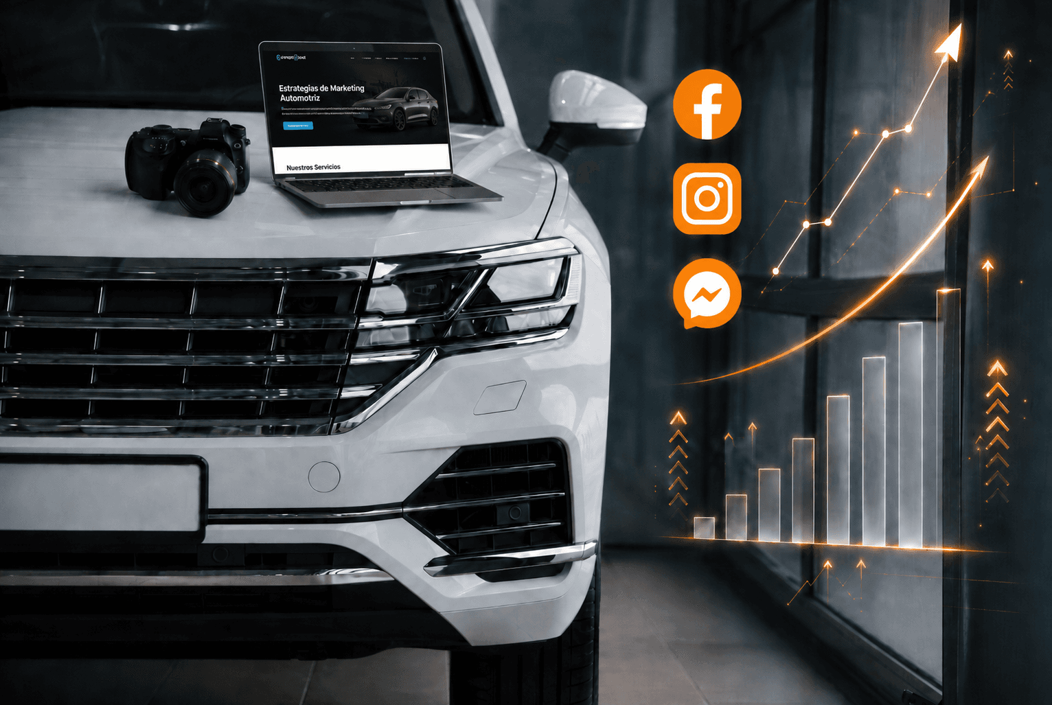 Laptop, cámara y métricas de redes sociales sobre un auto en una concesionaria